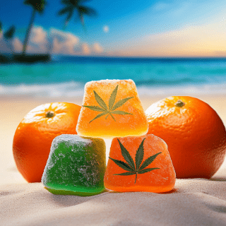 Gummies on Beach with Oranges